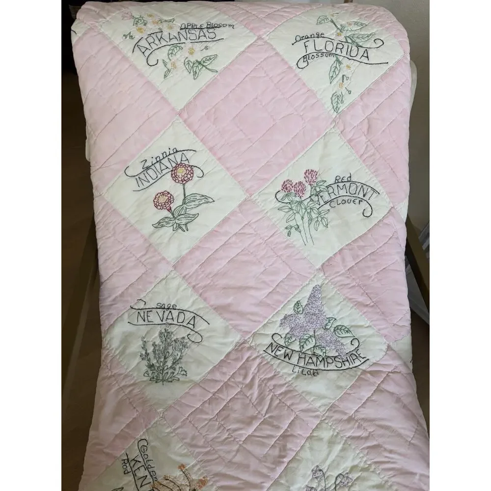 Vintage 48 US State Flower Quilt Embroidered Pink Checkered Handmade